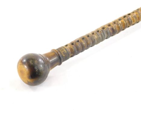 A 19thC vertebrae walking stick, with polished knop handle, the collar marked Alan S, metal tip end, 82cm long. (AF)