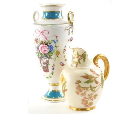 An early 20thC Royal Worcester blush ivory jug, with beak spout, C scroll strap handle decorated with flowers, No. 1094, prin