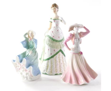 A Royal Worcester figure Belle Of The Ball, printed marks beneath, 21cm high, and two other lady figures. (3)
