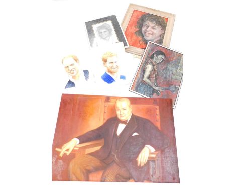 20thC School. Sir Winston Churchill, oil on canvas, 58cm x 90cm, with five other portrait paintings/drawings. (6)