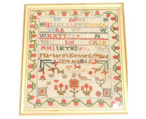 A 19thC pictorial alphabetic numeric sampler, by May Kenned 1865, in colours, 41cm x 35cm.