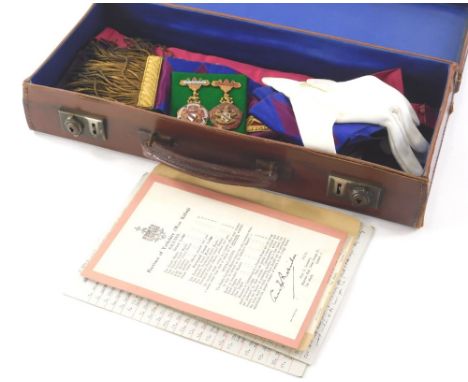 Various Masonic regalia Bro Avison, contained in a brown leather case, 9cm high, 42cm wide, 19cm deep, to include Steward's m