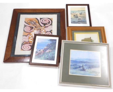 20thC School. Landscape, watercolour, unsigned, 92cm x 24cm, Rak, mixed media, limited edition prints, cottages on tapestry, 