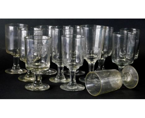 Twelve 19thC and other rummers, to include etched Lord Nelson Ordnance Chatham, in a floral bouquet, 14cm high, various other