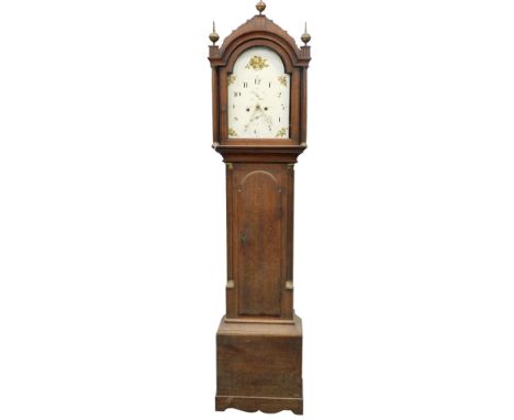 Gardner, Woodbridge. A 19thC longcase clock, the arched painted dial decorated with floral sprays, with an 8 day, four pillar