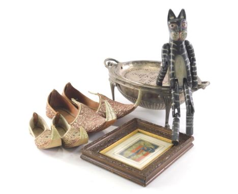 Various collectable items, etc., an early 20thC silver plated food warmer, of oval form, with articulated lid, on hairy paw f