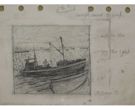 J.R. Bowyer (fl. 1893). Ship, pencil, preliminary sketch with annotation, signed, 11cm x 16cm.