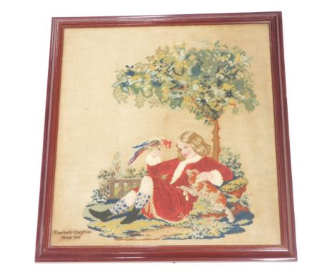 A 19thC pictorial sampler, Elizabeth Chapman stitched work, 1855 of a figure holding parrot aside puppy and tree, 54cm x 48cm