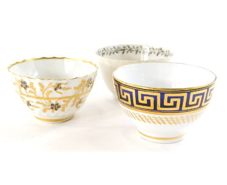 A late 19thC Spode tea bowl, another with blue crest marked beneath probably Caughley and a further tea bowl decorated with f