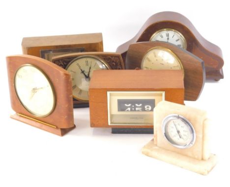 Various mantel clocks, an Art Deco walnut clock, 18cm wide, Edwardian mahogany Napoleon hat style, a Computim bedside clock, 