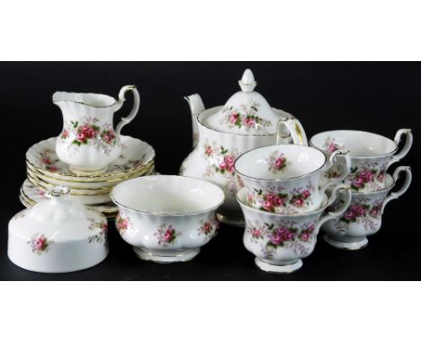 A Royal Albert Lavender Rose pattern part tea service, to include teapot, 18cm high, cups, saucers, bowl, side plates, part s