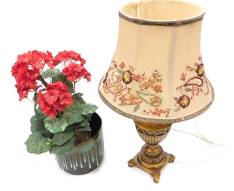 A Studio pottery drip ware planter, 15cm high, and a resin classical style lamp with floral shade. (2)