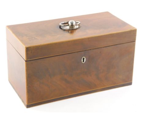 An early 19thC mahogany tea caddy, of rectangular form with a boxwood outline, with fitted interior, ring handle and escutche