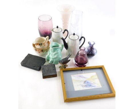 Various pottery and effects, glassware, etc., Caithness coloured glass vase, 11cm high, various other glassware, part service