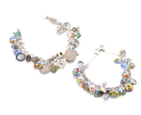 Two silver crested charm bracelets, with various enamel set crests, some stamped 800 some stamped 925, one on curb link, 20cm