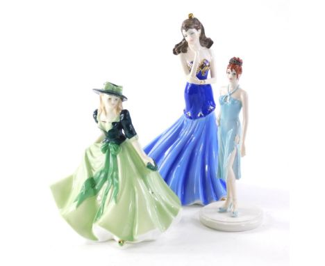 A Royal Worcester lady figure, Holly Les Pettities, printed marks beneath, 19cm high, and two other lady figures. (3)