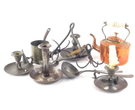 Various metalware, pewter, etc., an early 20thC copper kettle with ceramic handle, 21cm high, a pan of plain cylindrical form