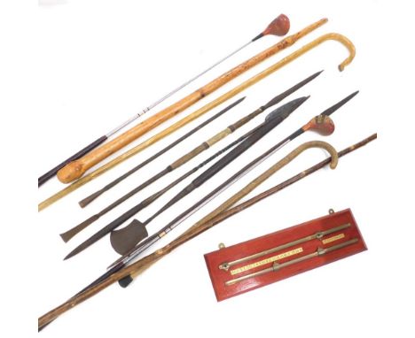 Various walking sticks, tribal sticks, shepherds crook, crook walking stick, knobkerrie style stick, 122cm high, snooker scor