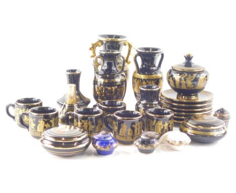 Various Feax Corfu ceramics, Attic style vases, 18cm high, cup, saucers, etc. (a quantity)