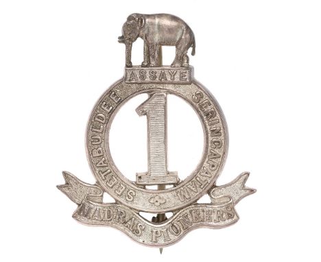 Indian Army. 1st Madras Pioneers Officer's 1927 hallmarked silver pagri badge.  Fine scarce die-cast example bearing Birmingh