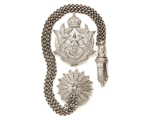 Cameronians (Scottish Rifles) Edwardian Officer's HM silver pouch belt plate, whistle and chains.  A very fine and attractive