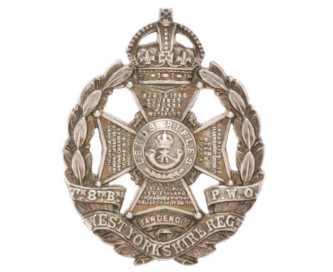 7th 8th Bns. PWO West Yorkshire Regiment (Leeds Rifles) Officer's 1925 HM silver cap badge.  Fine scarce die-cast Birmingham 