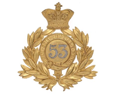 53rd (Shropshire) Regiment of Foot Victorian Officer's shako plate badge circa 1869-78.  Fine scarce die-stamped rich gilt cr