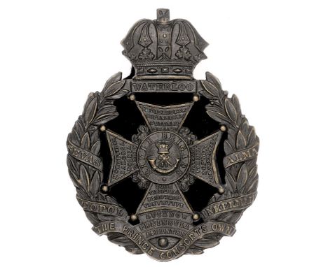 Rifle Brigade Victorian helmet plate badge circa 1878-90.   Good die-stamped blackened brass Guelphic crowned WATERLOO tablet