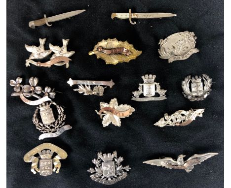 WW1 15 Battle Brooches Including Bayonet Brooches.  Fifteen examples including Ypres, Cambra, Arras etc. All complete with pi