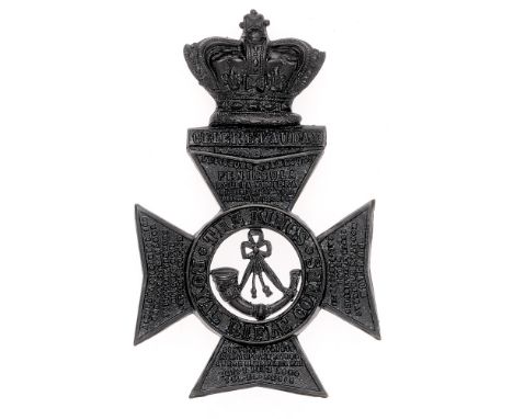King's Royal Rifle Corps Victorian helmet plate badge circa 1883-93.  Good die-stamped blackened brass crowned CELER ET AUDAX