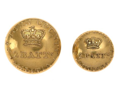 2nd Bn. St. John County Militia large and small 19th Century Officer's coatee buttons.  Good rare gilt closed-back examples w