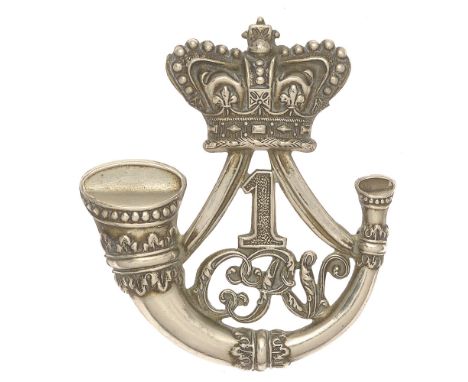 1st (Carlisle) Cumberland Rifle Volunteer Corps Victorian forage cap badge circa 1860-87.  Good scarce die-stamped white meta