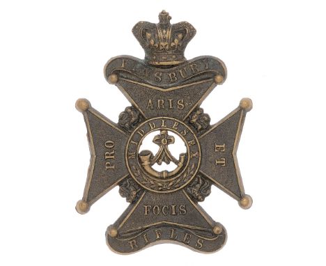Finsbury Rifles Victorian glengarry badge.  Good scarce die-stamped blackened brass crowned FINSBURY scroll on Maltese cross 