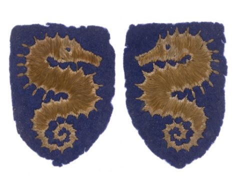 27th Armoured Brigade facing pair of WW2 cloth formation sign badges.    Good scarce white edged golden seahorses embroidered
