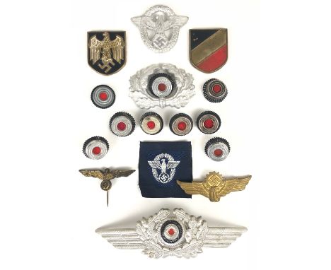 German Third Reich 16 items various head-dress insignia  8 cap roundels ... Army wreath with roundel (two of three pins absen