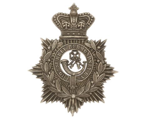 10th (Bermondsey) Surrey Rifle Volunteers Victorian helmet plate badge circa 1880-83.  Good scarce die-stamped white metal cr