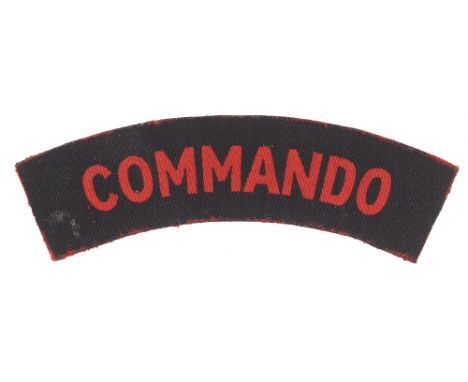 COMMANDO WW2 Brigade HG Ordnance issued printed cloth shoulder title badge circa 1942-45.  Good scarce red sans-serif letters
