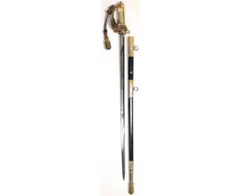 Royal Navy Officerâ€™s sword.   A good example, the blade etched with a King's Crowned fouled anchor device. The solid gilt m
