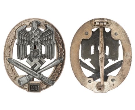 German Third Reich SS / Army WW2 General Assault badge for 25 Engagements.  Good rare die-cast example by Rudolf Karneth &amp