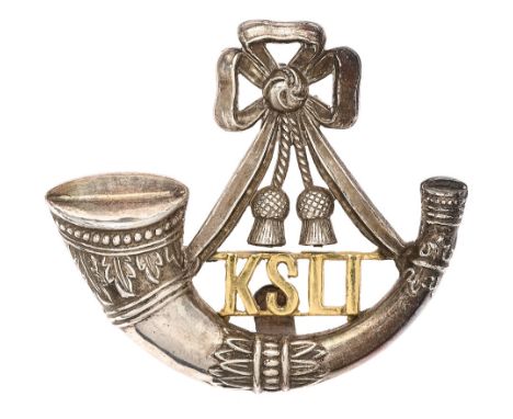 King's Shropshire Light Infantry KSLI Officer's cap badge circa 1898-1914.  Fine die-cast unmarked silver strung bugle bearin