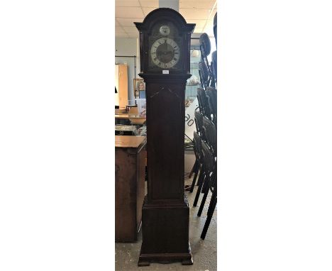 Small Longcase clock by Mappin and Webb, the arched hood enclosing a brass dial with three train repeating movement striking 