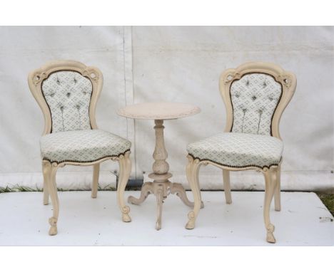 Pair of French style white painted side chairs, with button backs, overstuffed seats and carved cabriole legs, and a white pa