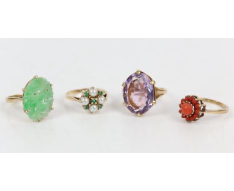 Collection of four 9 ct gold dress rings, including an oval cut amethyst, a coral cluster, a pearl and emerald cluster, and a