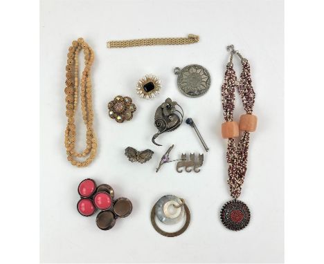 Selection of silver and costume jewellery, four silver brooches, including one in a leaf and flower design, one in the shape 