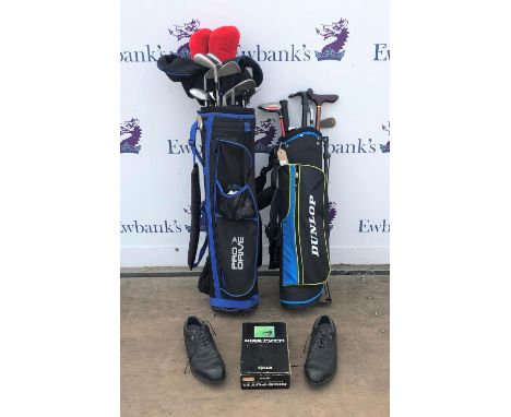 Full set of Dunlop golf clubs and bag, Junior set of clubs and Dunlop bag, golf shoes, bucket of balls, together with a " Nic