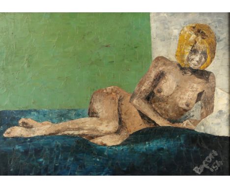 ** Bacon (20th century). Reclining nude, oil on board, signed and dated '54 lower right, 40 x 55cm. Framed.Condition Report: 