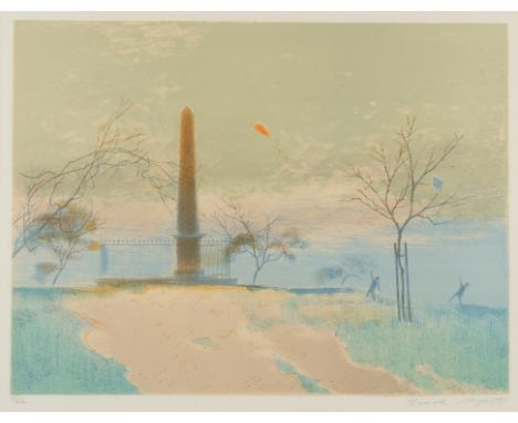 Derek Mynott (1924-1994), Kite flying, colour lithograph, signed lower right, numbered 69/200 lower left, 39 x 50.5cm. Framed