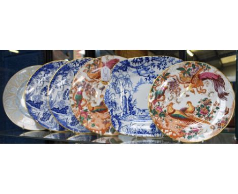 A Royal Crown Derby Mikado pattern bread and butter plate; a similar pair of 27cm diameter plates, first quality; a 27cm diam