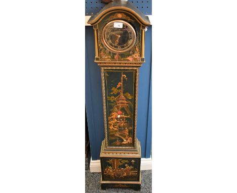 A Chinoiserie 'longcase' clock, of small proportions, Smith Sectric movement, lacquered case decorated in polychrome with fig