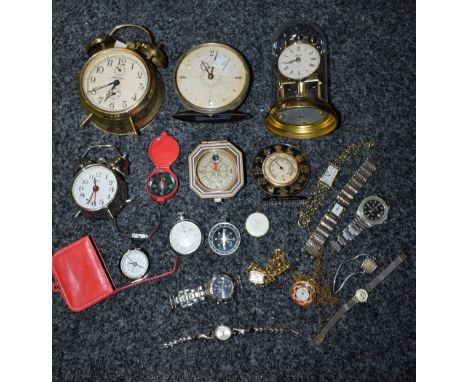Watches and Clocks - a Jerger alarm clock; a Smith's pocket watch, subsidiary dial; a small anniversary clock; a lady's fob w